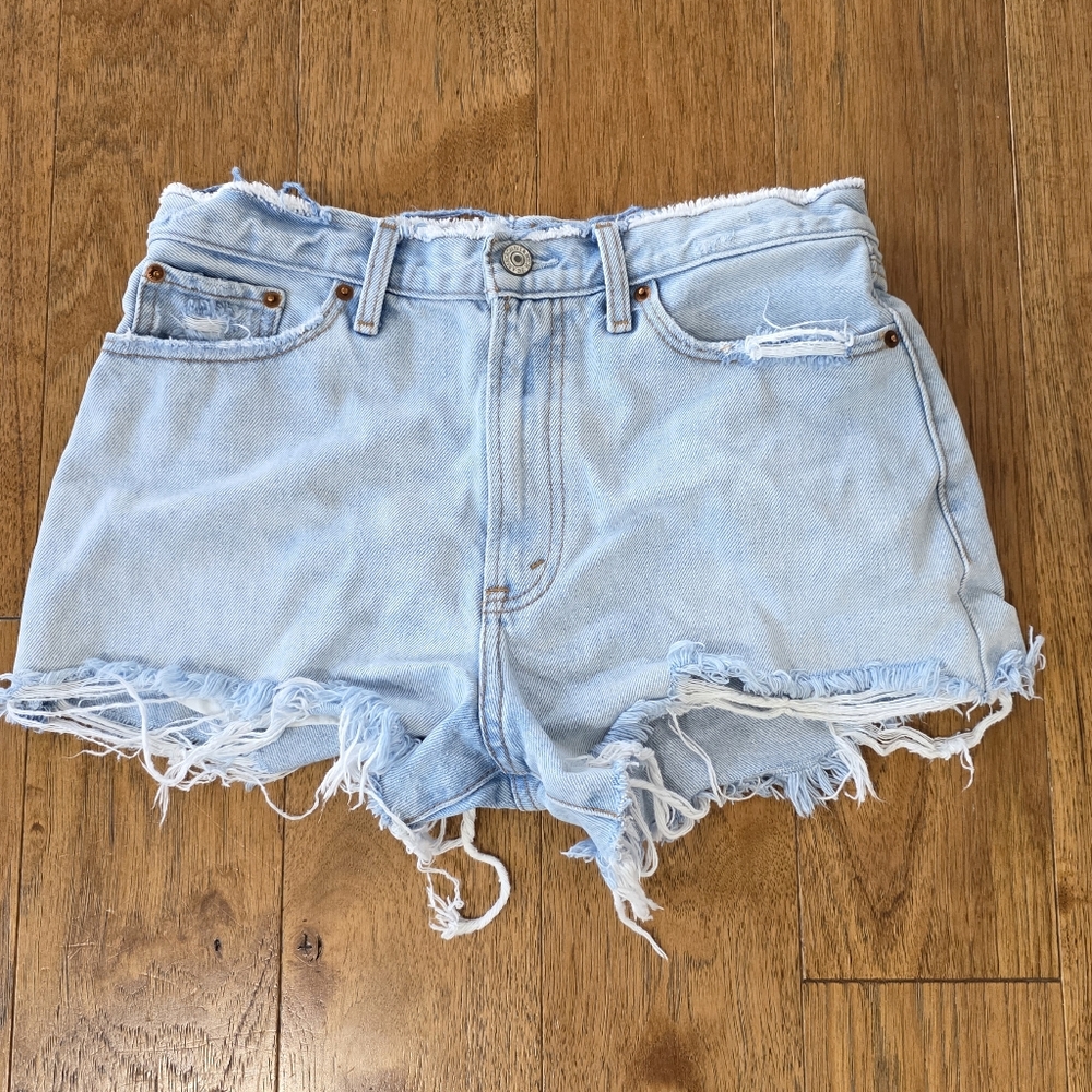 Abercrombie & Fitch Annie High Rise Light Blue Distressed Denim Cutoff Shorts.
